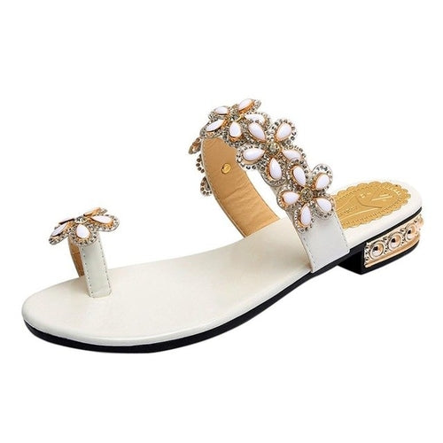 Women Sandals Flat Summer Rhinestone Floral Open