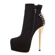 Load image into Gallery viewer, Black Suede/Golden Rivet Ankle Boots
