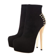 Load image into Gallery viewer, Black Suede/Golden Rivet Ankle Boots
