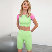 Load image into Gallery viewer, Seamless Color Patchwork Yoga Suit Women Gym Clothes Short Sleeve Crop
