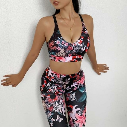 Seamless Floral Print Gym Yoga Set Fashion Fitness Vest Crop Top