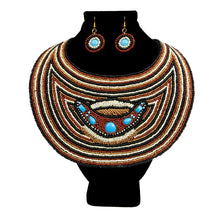Load image into Gallery viewer, Brown, Black, and Cream Beaded Bib Necklace Set Featuring Light Blue
