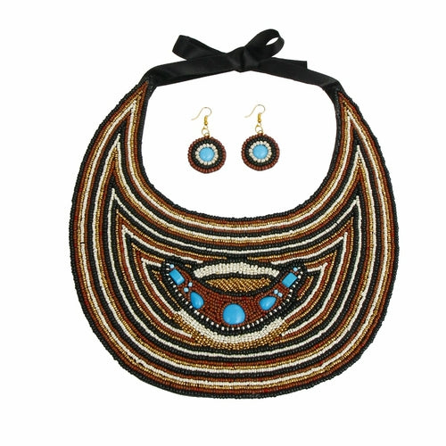 Brown, Black, and Cream Beaded Bib Necklace Set Featuring Light Blue